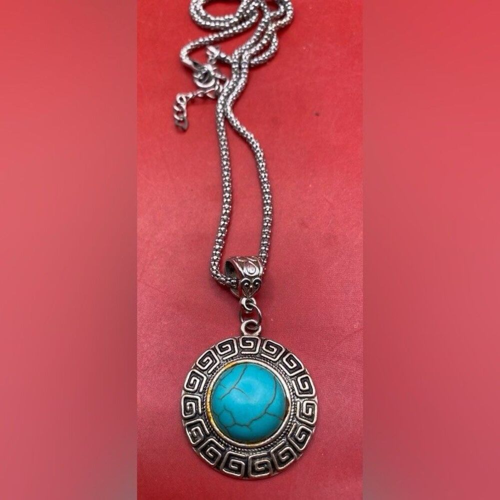 Women’s Necklace Tibetan Silver Tone Faux Turquoise 19”